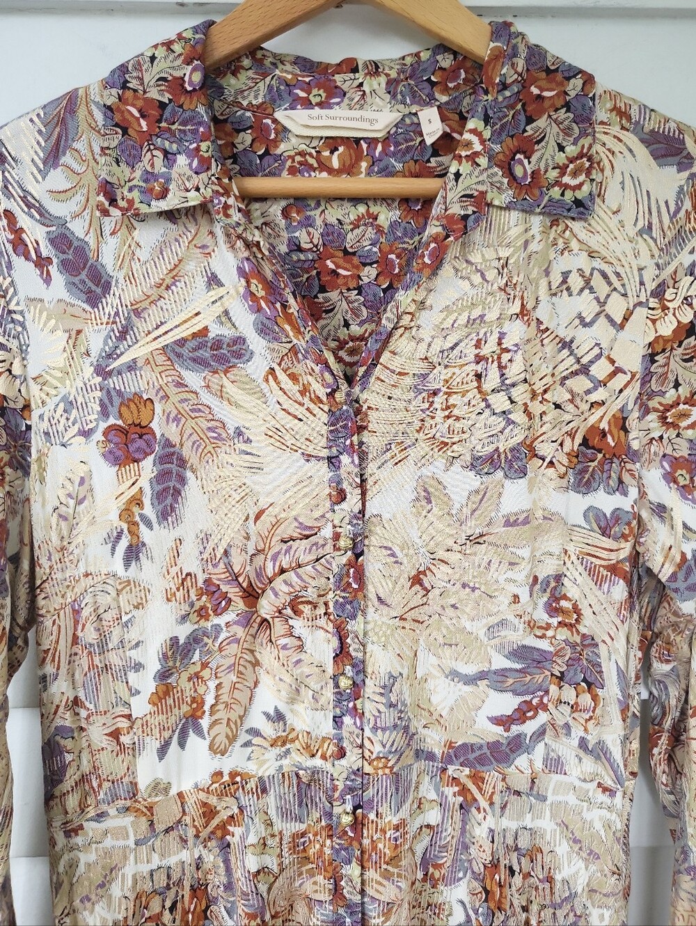 Soft Surroundings Boho Metallic Floral Maxi Collared Shirtdress Sz S - Picture 15 of 16
